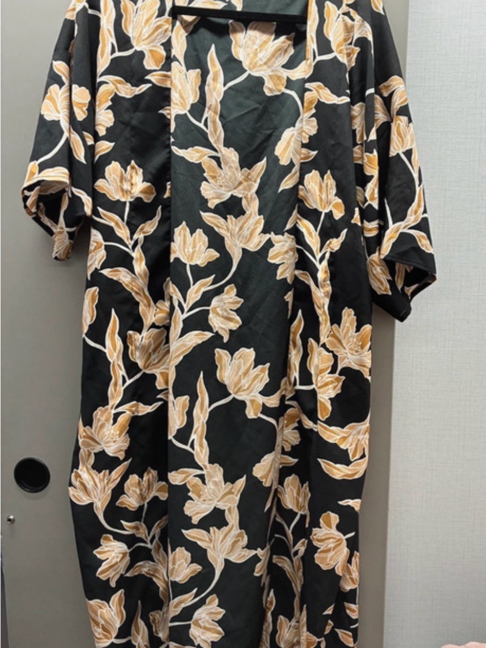 Black Button-Down Sleep Shirt with Tan Floral Print